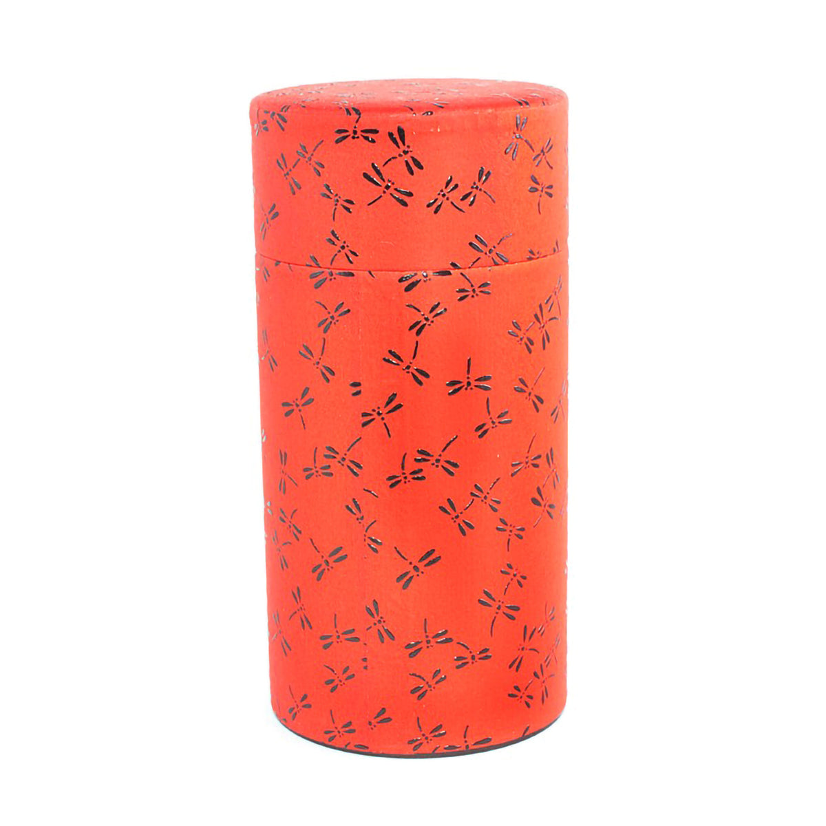 Boîte à thé japonaise Yugen lab rouge avec motif de libellules noires, hermétique et décorative
