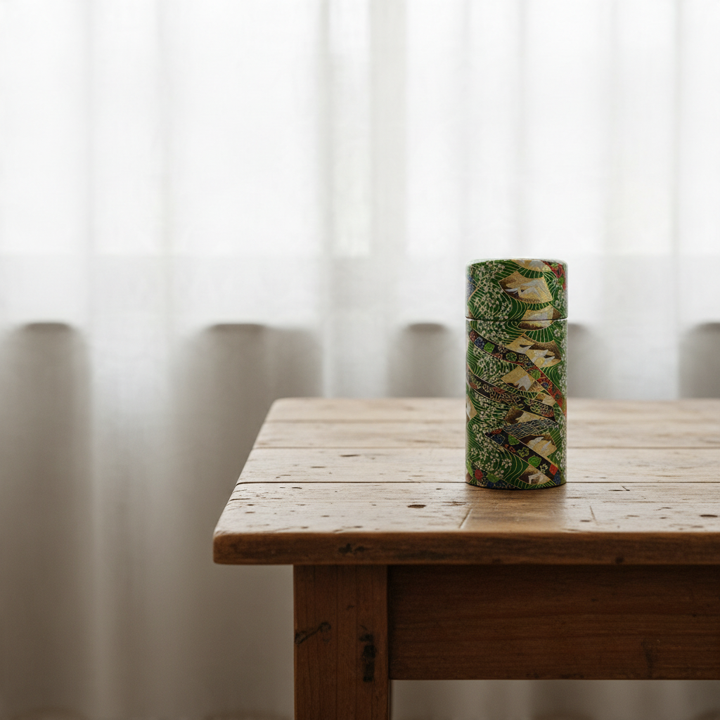 Boîte à thé Yugen lab cylindrique en fer et papier washi vert avec motifs d'éventails japonais dorés sur une table