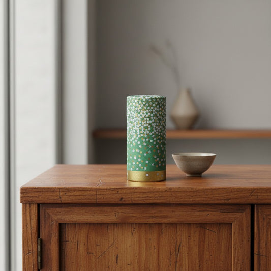 Boîte à thé japonaise Yugen lab en métal vert avec motifs de fleurs blanches sur une table en bois