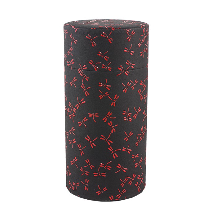 Boîte à thé japonaise Yugen lab cylindrique noire avec motif de libellules rouges, hermétique et décorative