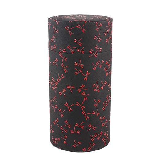 Boîte à thé japonaise Yugen lab cylindrique noire avec motif de libellules rouges, hermétique et décorative