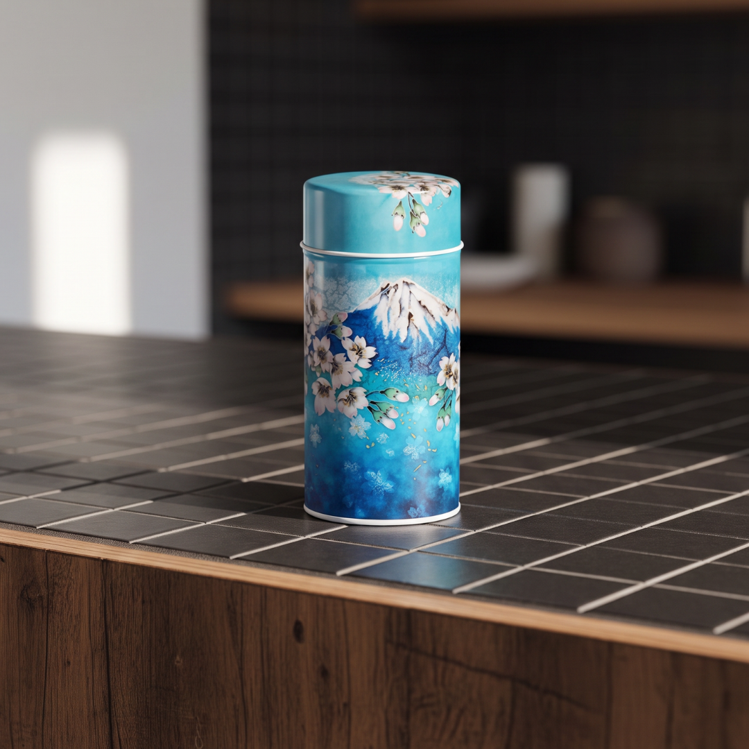 Boîte à thé Yugen lab en fer blanc, décorée du mont Fuji et de fleurs sur fond bleu, posée sur un comptoir.