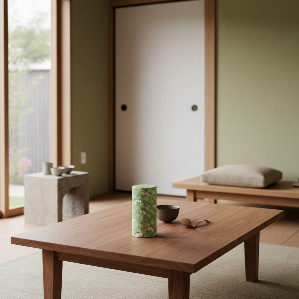 Boîte à thé Yugen lab cylindrique en fer blanc et papier washi vert avec motif de muguet sur une table en bois