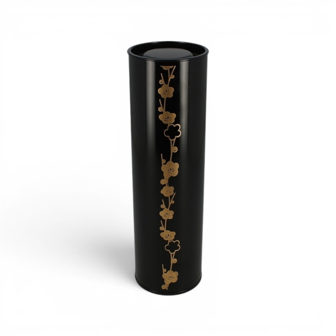 Boîte à thé Yugen lab cylindrique noire en fer blanc avec motif floral doré de fleurs de prunier Ume