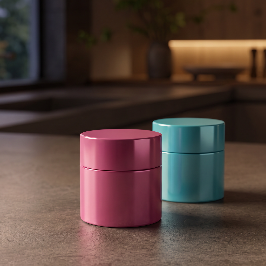 Boîtes à thé Yugen lab cylindriques en résine rose et turquoise au design minimaliste sur un plan de travail