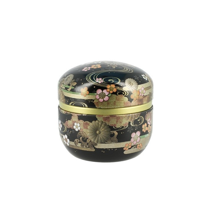 Boîte à thé ronde Yugen lab noire avec motifs floraux japonais traditionnels et détails dorés