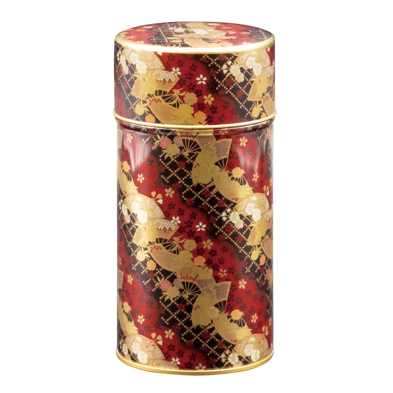 Boîte à thé japonaise Yugen lab rouge avec motifs dorés d'éventails et de fleurs pour une conservation hermétique