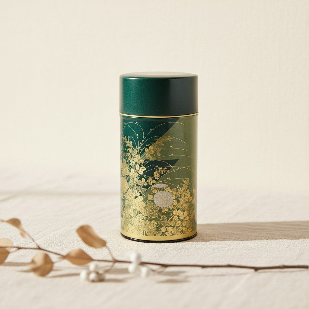 Boîte à thé Yugen lab SHUGA cylindrique en fer blanc vert profond avec motifs végétaux dorés délicats