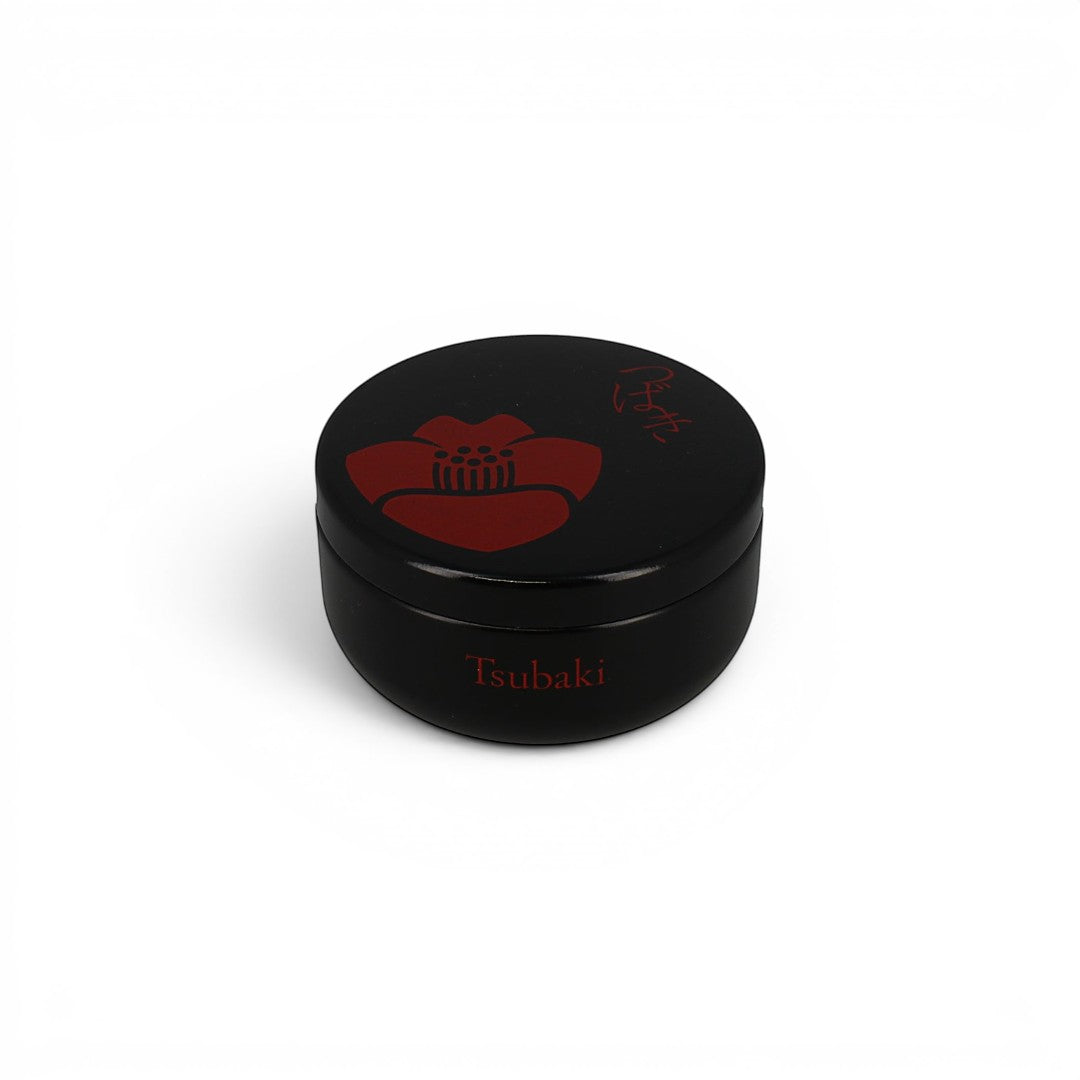 Boîte à thé japonaise Yugen lab Tsubaki noire en métal avec motif de fleur de camélia rouge, capacité 40g