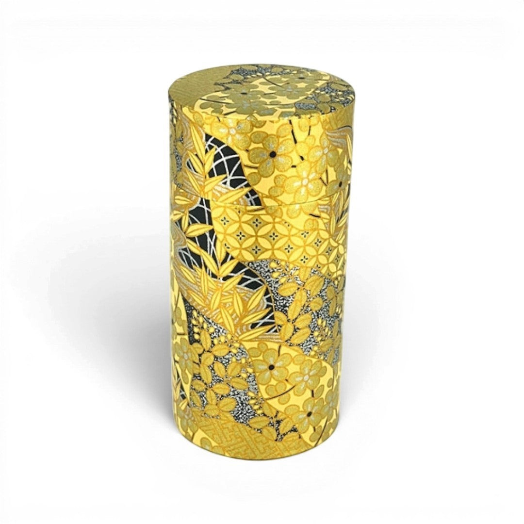 Boîte à thé Yugen lab en papier washi doré avec motifs floraux traditionnels japonais sur fond noir
