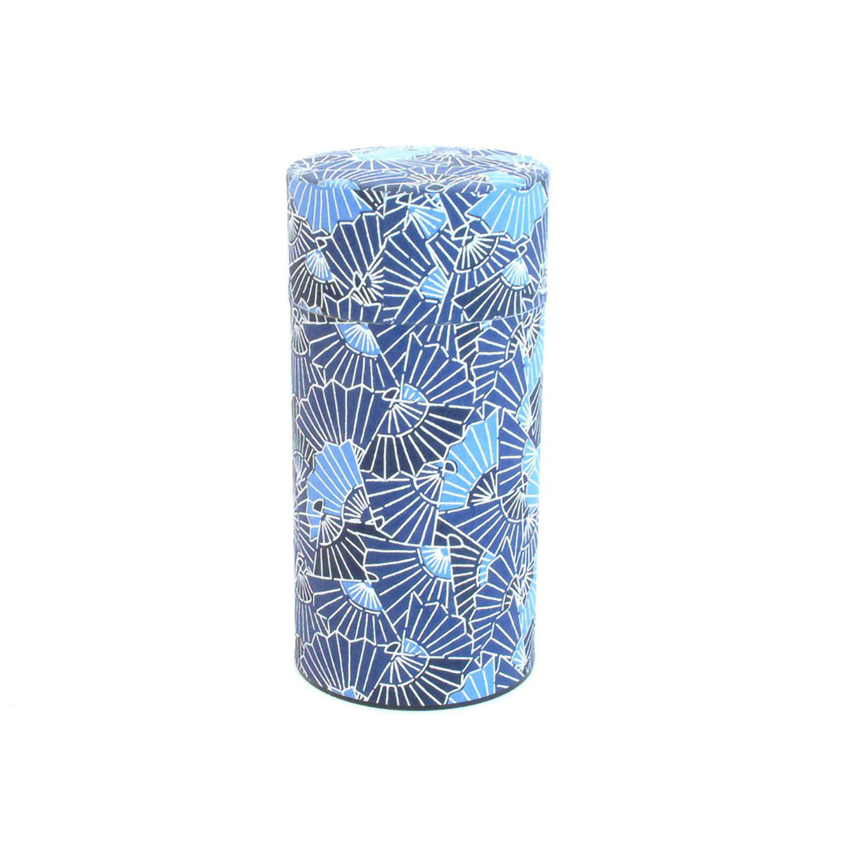 Boîte à thé Yugen lab cylindrique en papier washi bleu avec un motif d'éventails japonais pour 200g de thé