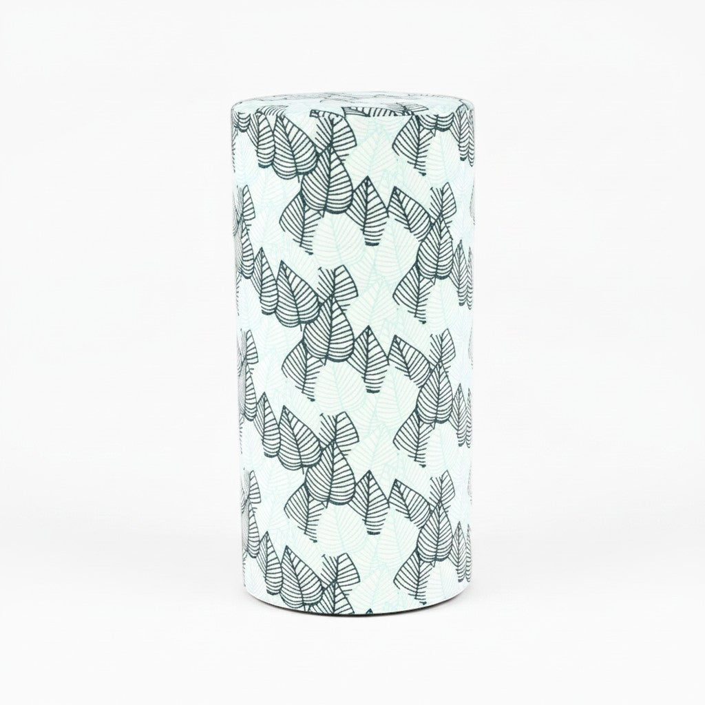 Boîte à thé Yugen lab en papier washi blanc avec motifs de feuilles vertes et noires pour thé vert japonais