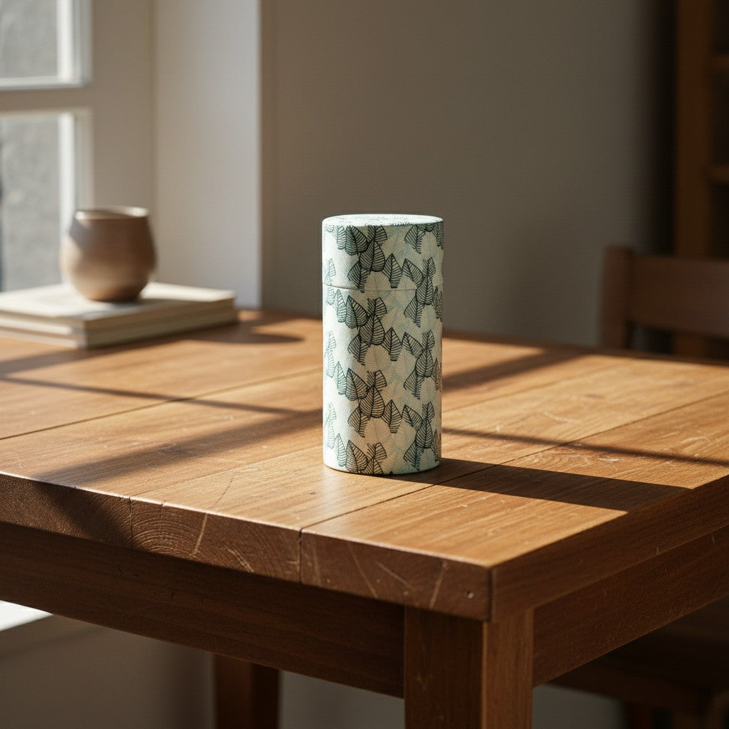 Boîte à thé Yugen lab en papier washi avec motifs de feuilles vertes sur une table en bois près d'une fenêtre