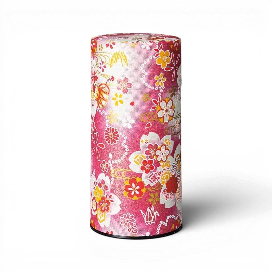 Boîte à thé Yugen lab cylindrique en fer blanc et papier washi rose avec motifs de fleurs japonaises dorées