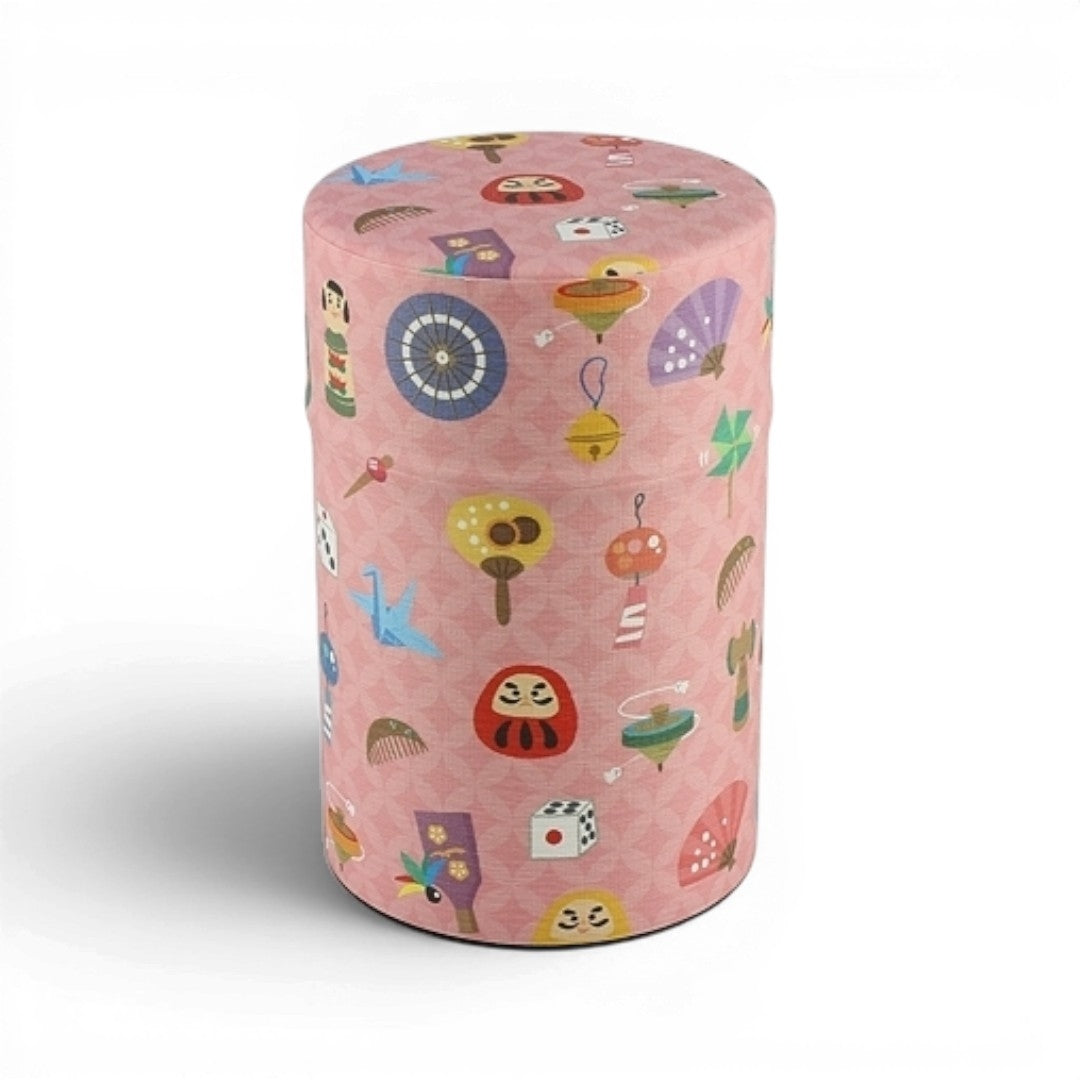 Boîte à thé Yugen lab cylindrique en fer blanc recouverte de papier washi rose avec des motifs traditionnels japonais