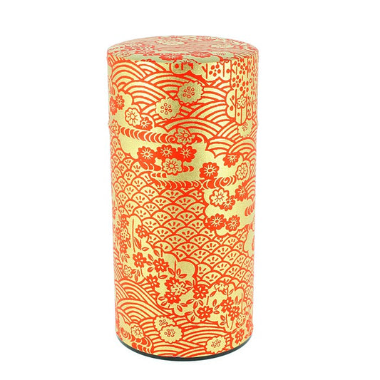Boîte à thé Yugen lab rouge et dorée en papier washi avec motif floral traditionnel japonais