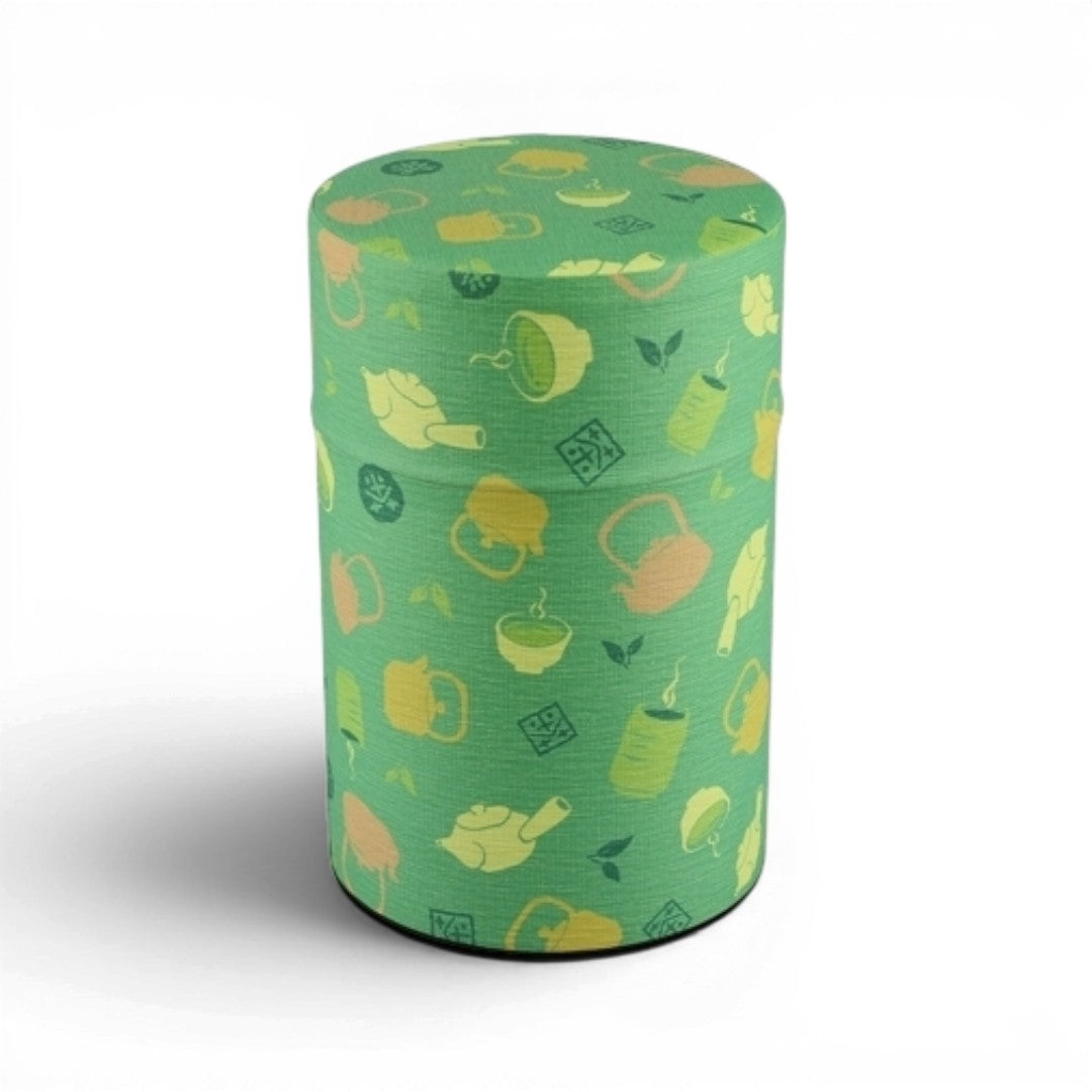 Boîte à thé Yugen lab cylindrique en fer blanc recouverte de papier washi vert avec motifs d'accessoires de thé