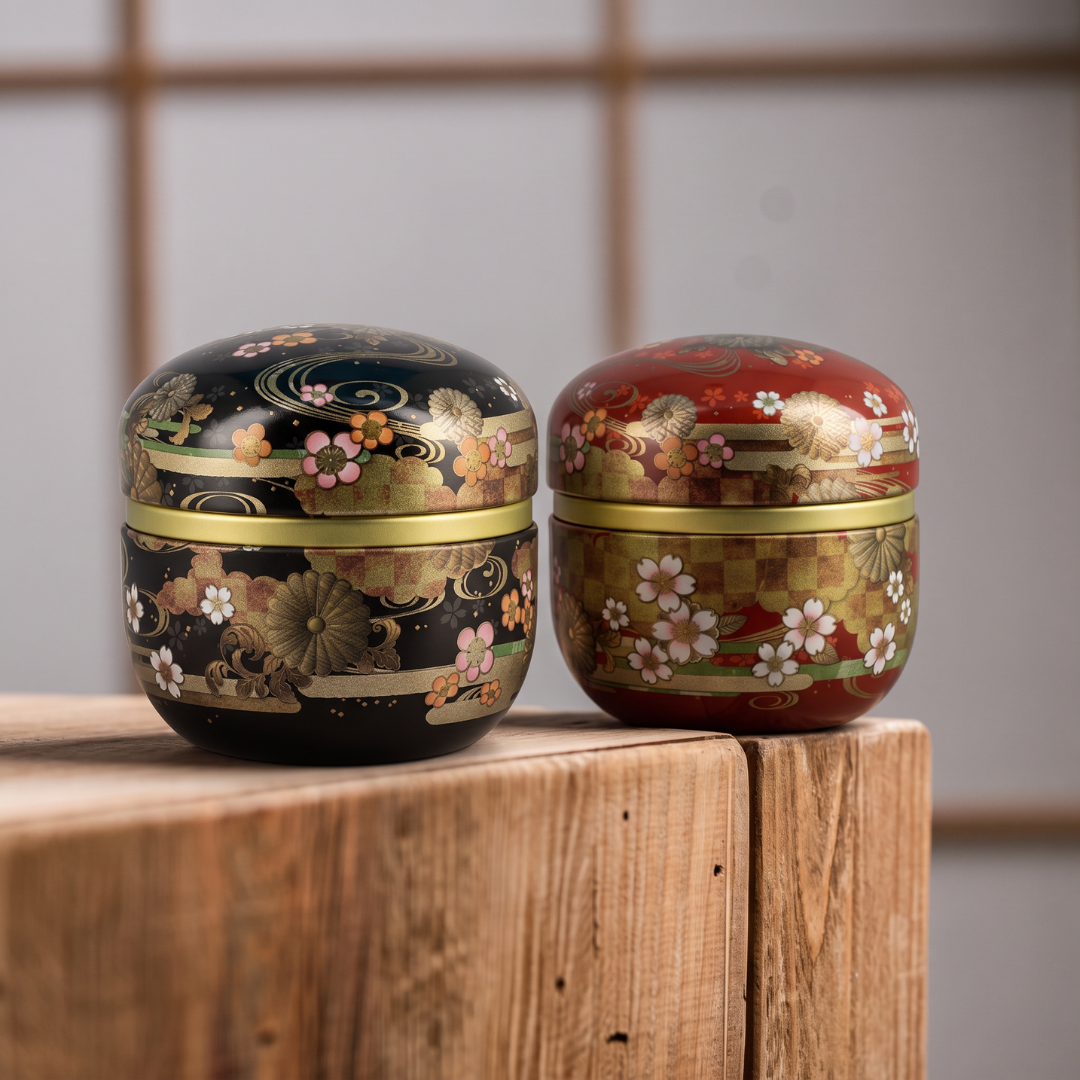 Boîtes à thé japonaises Yugen lab Suzoku en fer blanc, noir et rouge, décorées de fleurs et motifs dorés sur bois