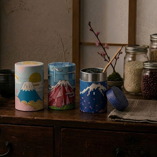 Trois boîtes à thé Yugen lab en papier washi et fer blanc illustrées du Mont Fuji, posées sur un meuble en bois.
