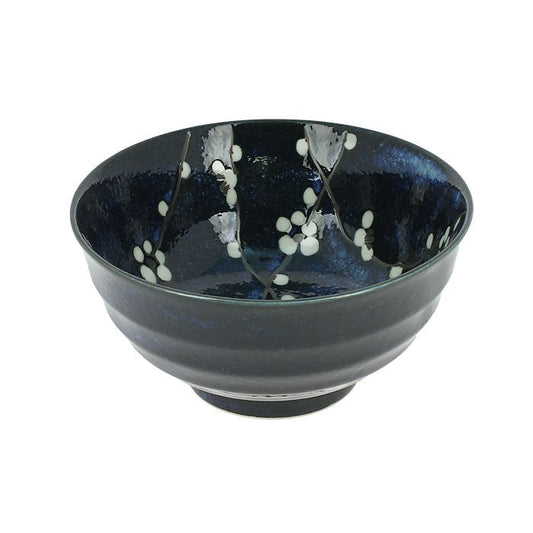 Bol en céramique Yugen lab bleu profond avec motifs de fleurs de cerisier blanches pour le riz ou les céréales