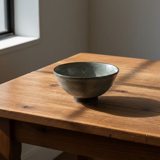 Bol en grès Yugen lab style raku avec émaillage gris moucheté posé sur une table en bois brut