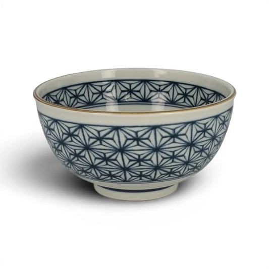 Bol japonais Yugen lab en porcelaine blanche et bleue avec motif traditionnel asanoha en forme de feuille de chanvre