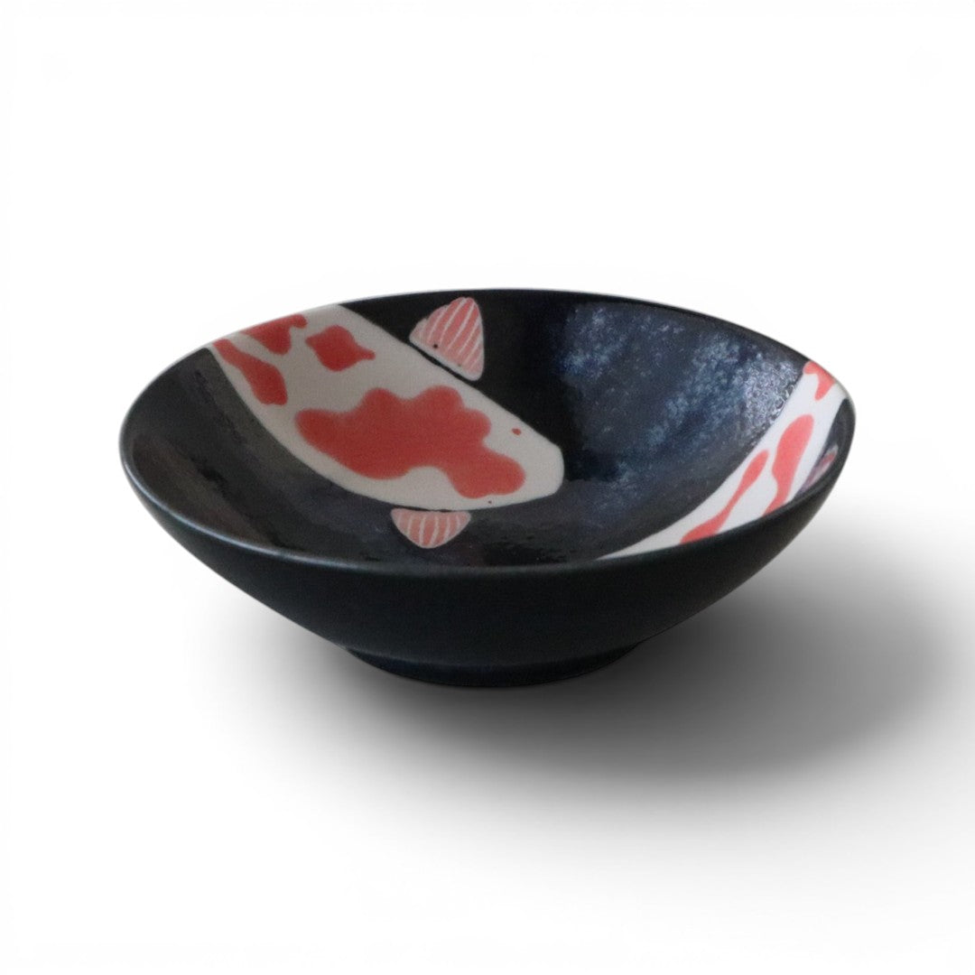 Bol japonais Yugen lab en céramique noire avec motif de poisson Koï rouge et blanc pour le service de table