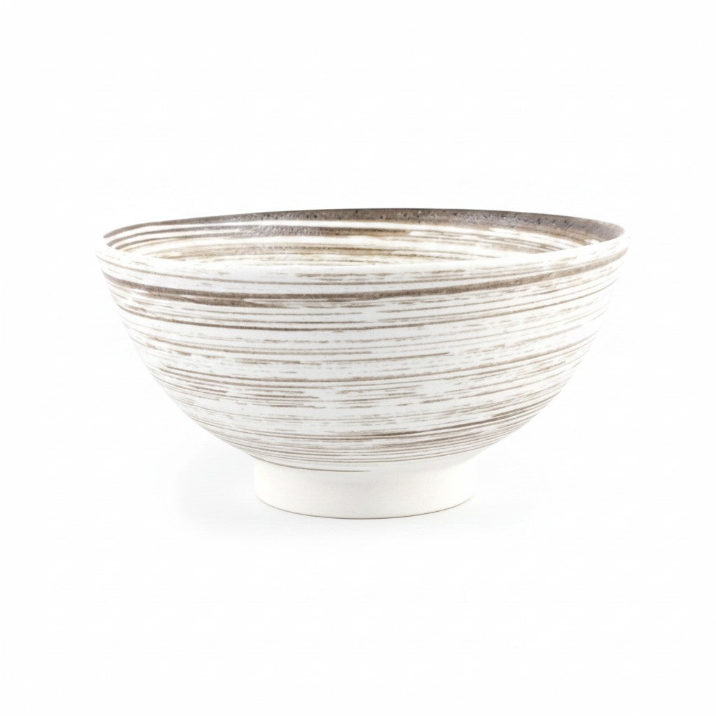 Bol japonais Yugen lab en céramique blanche avec motifs peints au pinceau marron, idéal pour nouilles ou céréales.