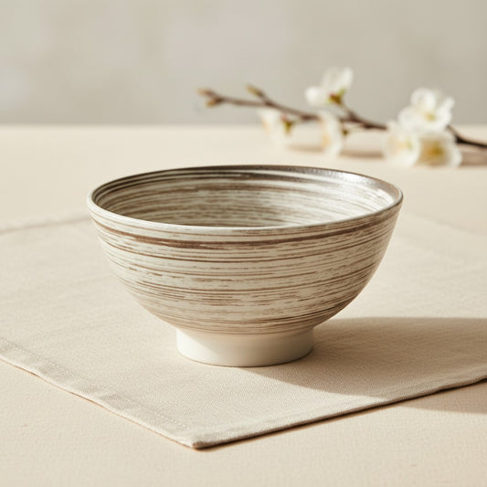 Bol japonais Yugen lab en céramique blanche avec motifs peints au pinceau marron, style épuré et naturel
