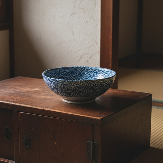 Grand bol japonais Yugen lab en céramique blanche et bleue avec motif traditionnel takokarakusa posé sur un meuble