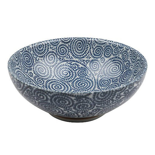 Grand bol japonais Yugen lab en céramique blanche et bleue avec motif traditionnel takokarakusa et bords évasés
