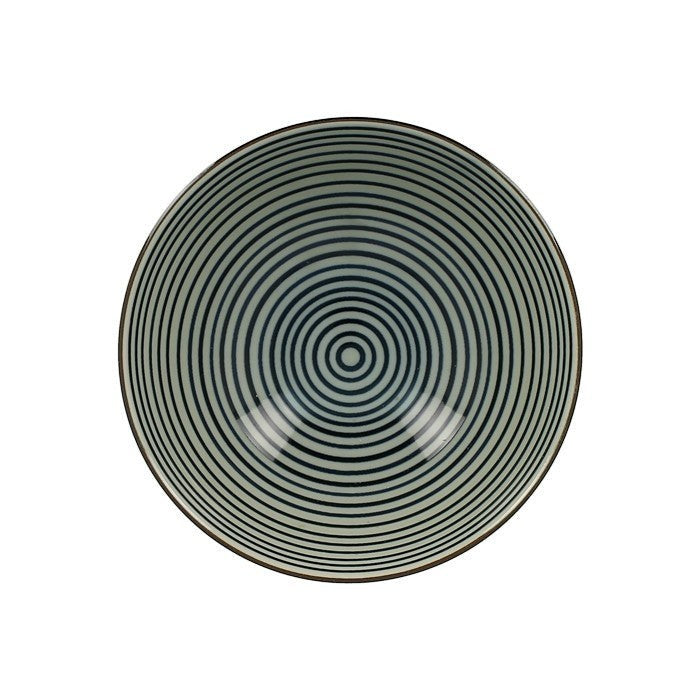 Bol japonais Yugen lab en céramique blanc et bleu avec un motif de cercles concentriques vu de dessus