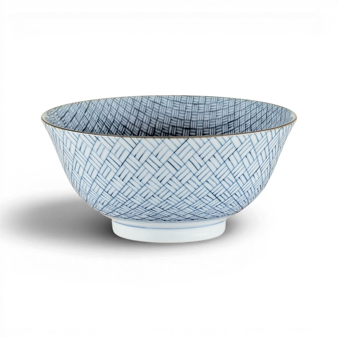 Bol Yugen lab en céramique avec motif damier bleu et blanc traditionnel japonais pour riz ou apéritifs