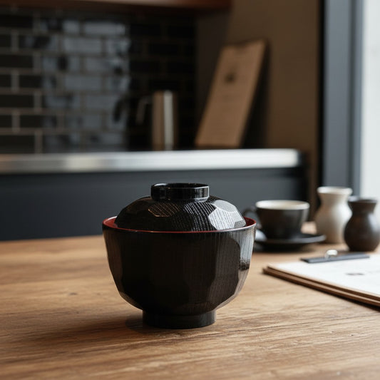 Bol japonais Yugen lab noir à facettes avec couvercle pour soupe miso posé sur une table en bois