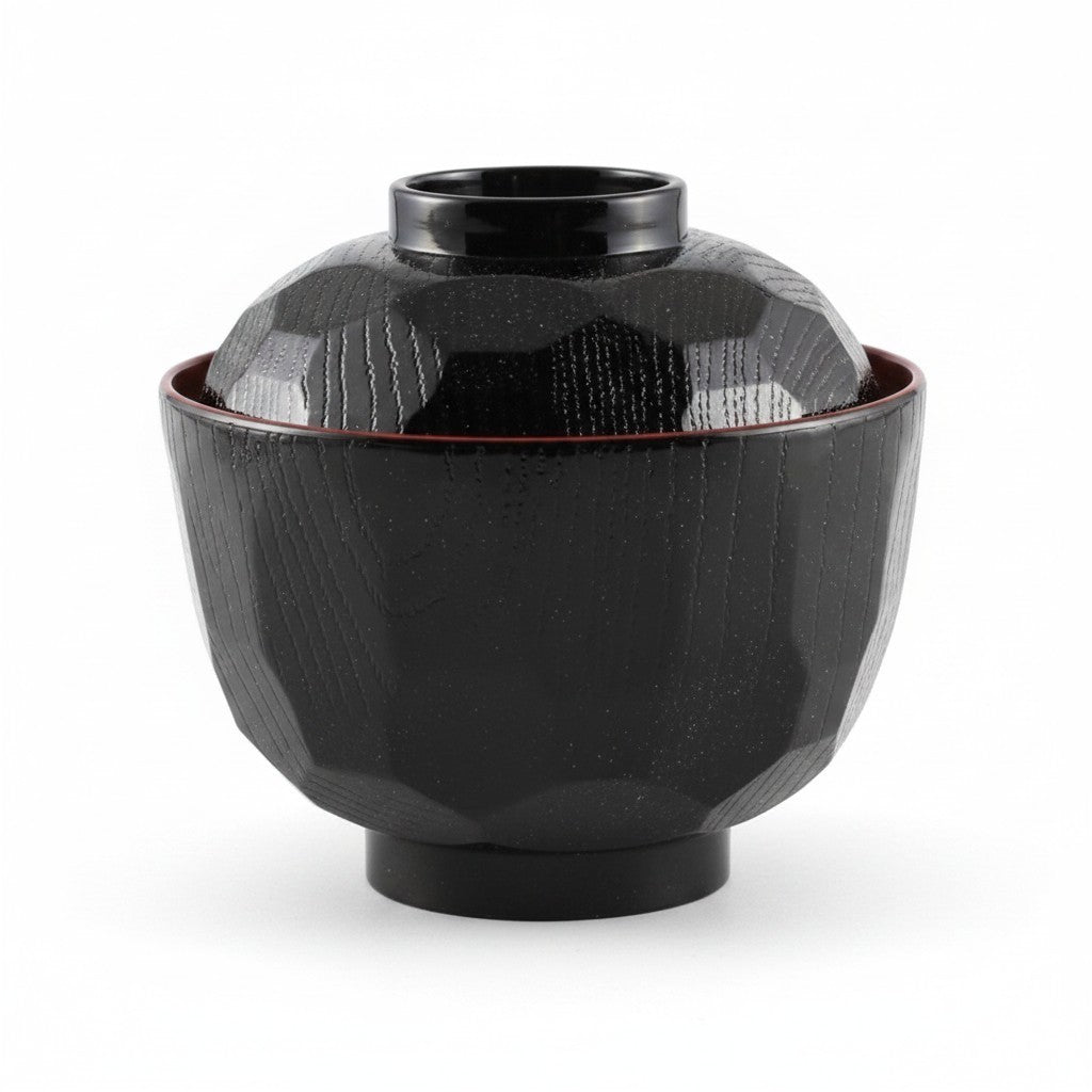 Bol japonais Yugen lab noir à facettes avec couvercle pour soupe miso ou ramen, design moderne et élégant