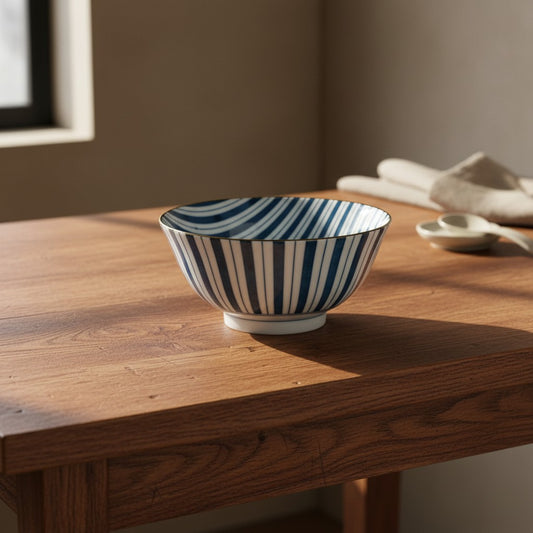Bol Yugen lab en céramique blanche à rayures bleues, design japonais moderne posé sur une table en bois