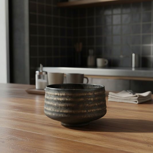 Bol à matcha Yugen lab en céramique sombre avec reflets dorés, posé sur une table en bois dans une cuisine moderne.