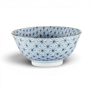 Bol moyen japonais en porcelaine blanche à motif asanoha bleu, sur fond blanc
