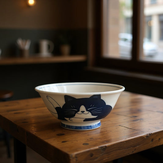 Bol ramen Yugen lab en porcelaine blanche avec motif chat japonais bleu sur une table en bois
