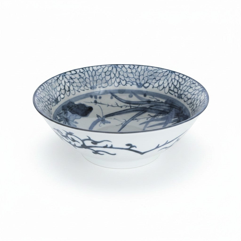 Bol à ramen Yugen lab en porcelaine blanche avec motifs japonais bleu profond inspirés de la nature