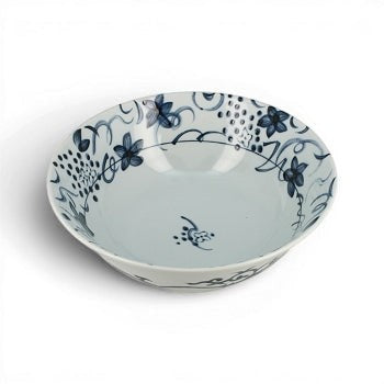 Bol à ramen Yugen lab en porcelaine blanche avec motifs floraux bleus, forme évasée élégante pour soupes et nouilles