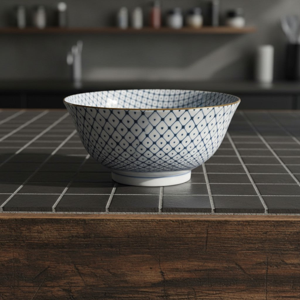 Bol à ramen Yugen lab en porcelaine et céramique avec motif à pointillés bleu et blanc sur une table carrelée