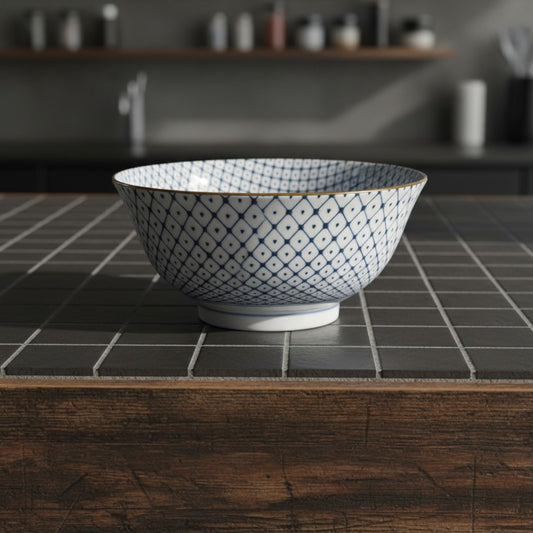 Bol à ramen Yugen lab en porcelaine et céramique avec motif à pointillés bleu et blanc sur une table carrelée