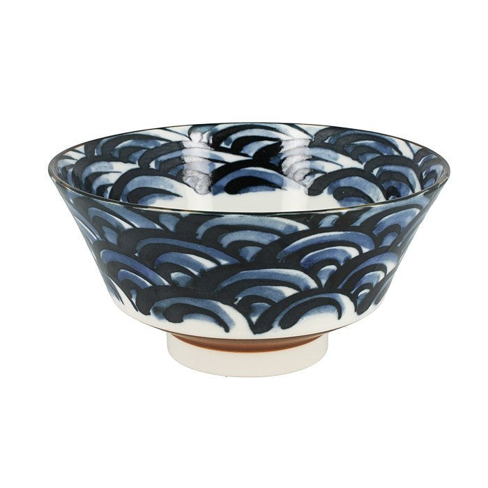 Bol à ramen Yugen lab en porcelaine blanche avec motif traditionnel de vagues japonaises bleu foncé