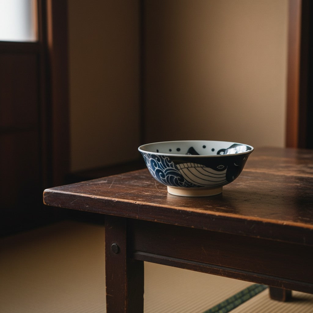 Bol à soupe Yugen lab en porcelaine japonaise blanc et bleu orné d'un motif de baleine sur une table en bois