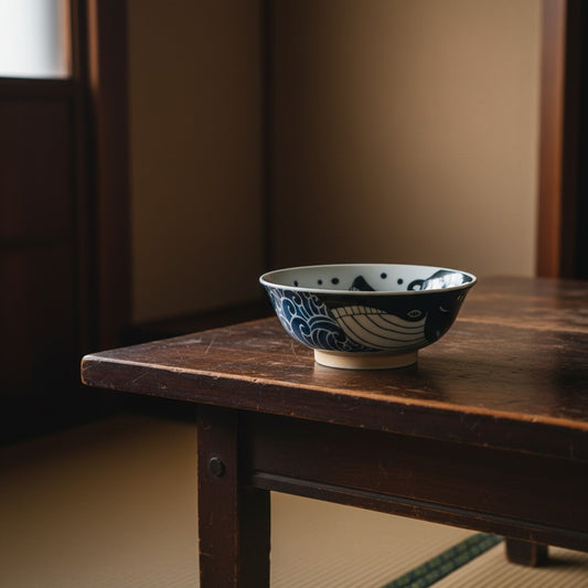 Bol à soupe Yugen lab en porcelaine japonaise blanc et bleu orné d'un motif de baleine sur une table en bois