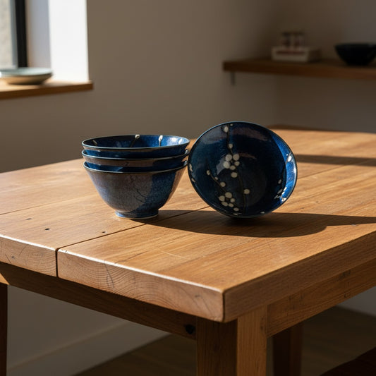 Set de 4 bols en céramique japonaise Yugen lab bleu profond avec motif de fleurs de cerisier blanc sur table en bois