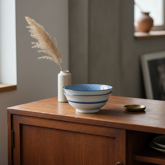 Ensemble de deux grands saladiers Yugen lab en céramique japonaise avec motifs damier bleu et blanc sur table en bois