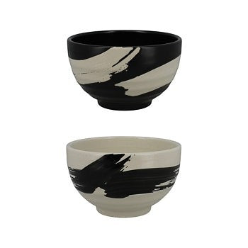 Set de 2 bols Yugen lab en céramique japonaise avec motif abstrait noir et blanc effet coup de pinceau