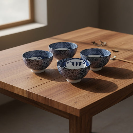 Set de 5 bols Yugen lab en porcelaine bleue et blanche avec motif tête de chat et vagues japonaises sur table en bois